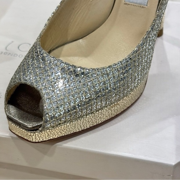JIMMY CHOO CLUE GLITTER SLINGBACK PLATFORM PEEP TOE HIGH HEEL PUMPS SANDAL 37 - Picture 10 of 16
